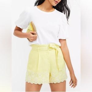 NEW LOFT PaperBag Shorts Bright Yellow White Eyelet Scalloped Trim Linen Blend